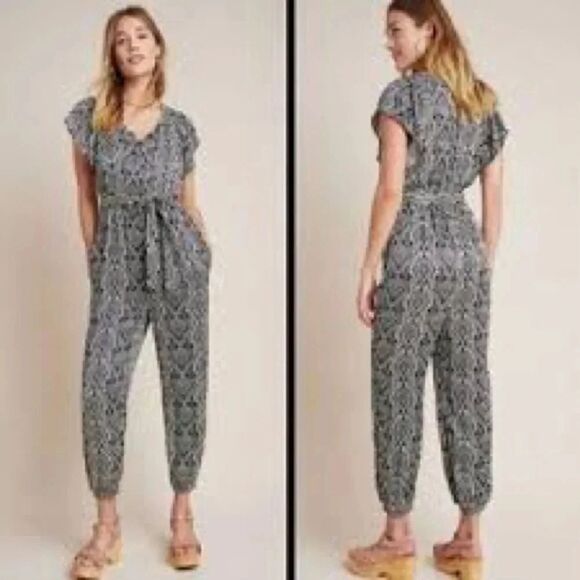 NWT Anthropologie satin Zadie black & white floral Jumpsuit with pockets size 14 - Picture 1 of 13